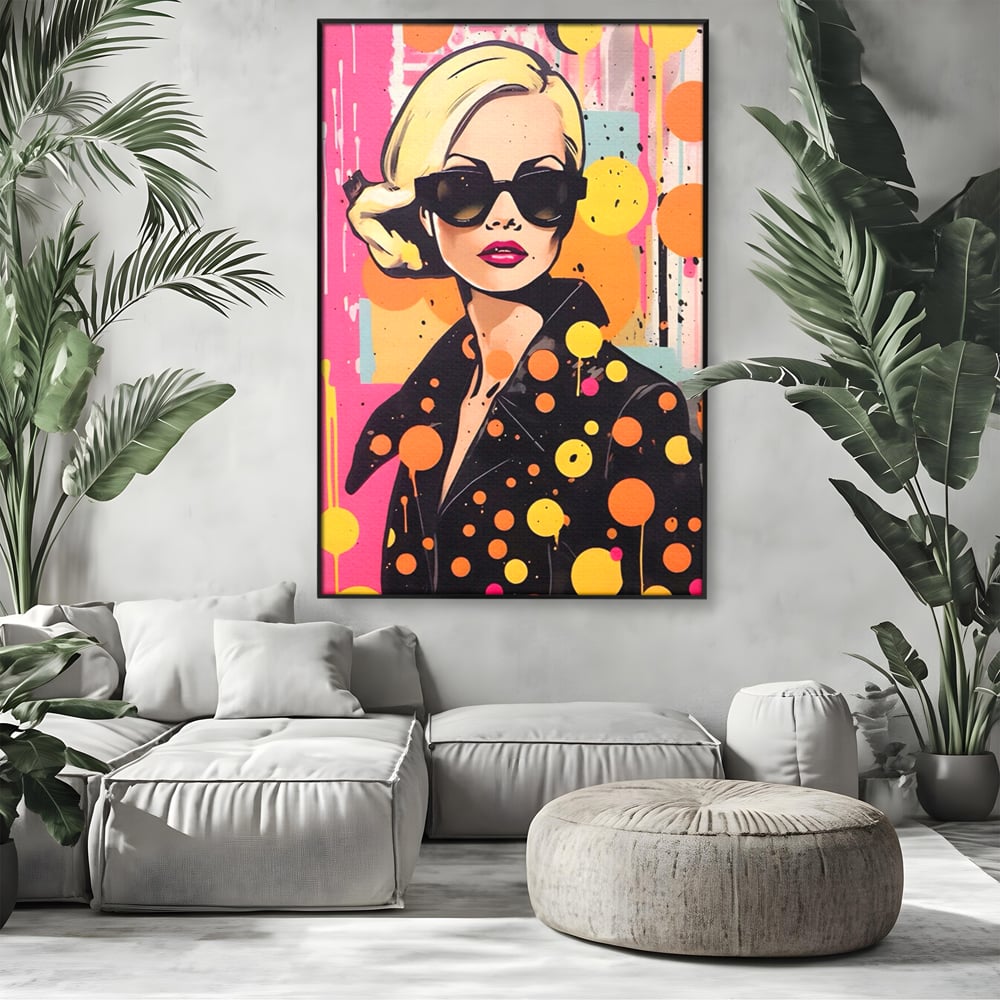 Tablou canvas cu tablou canvas portret femeie ochelari, in rama de aluminiu negru, pe perete intr-un living